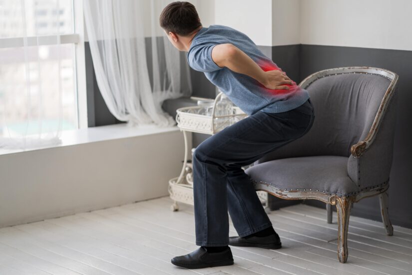 Hernia Discal Lumbar La Persona Con Una Hernia De Disco Está De Pie
